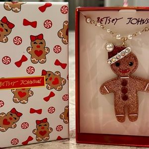 Betsey Johnson Gingerbread Man with Santa Hat Necklace, Copper